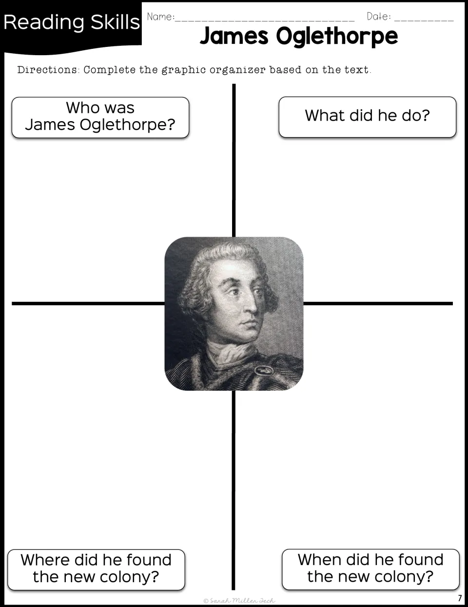 James Oglethorpe graphic organizer asks who he was, what he did, and where and when he founded the colony