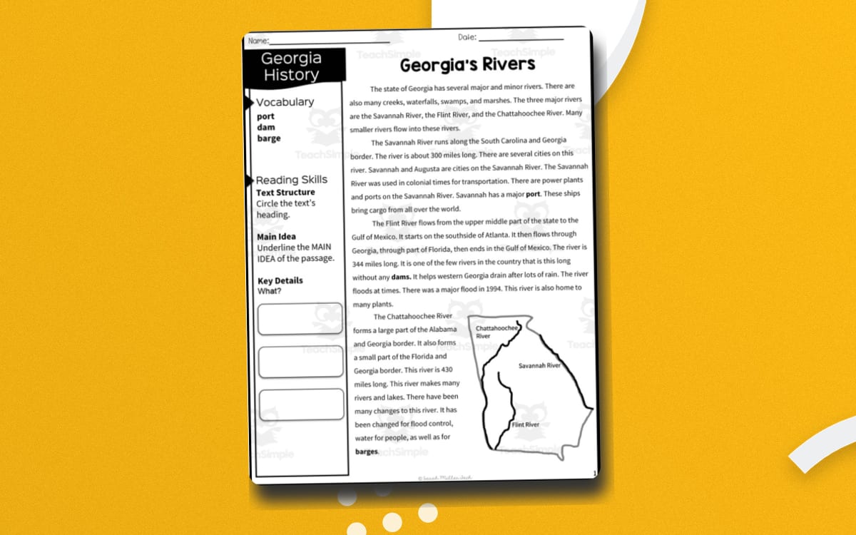 Georgia Rivers reading packet with an informational passage and Georgia river map.