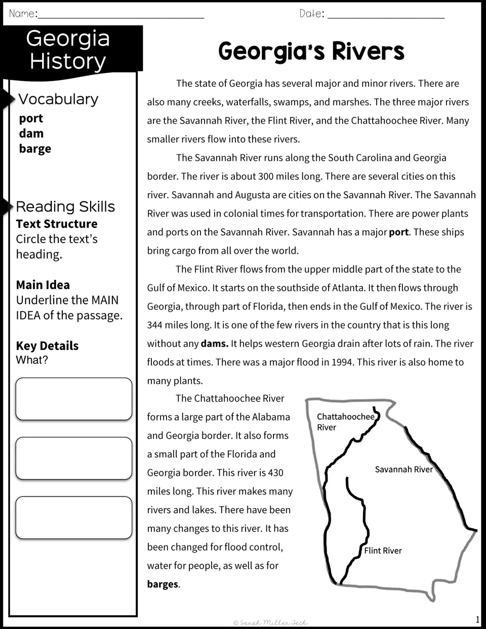 Reading passage on the Savannah, Flint and Chattahoochee rivers with a map; students circle the heading and note key details