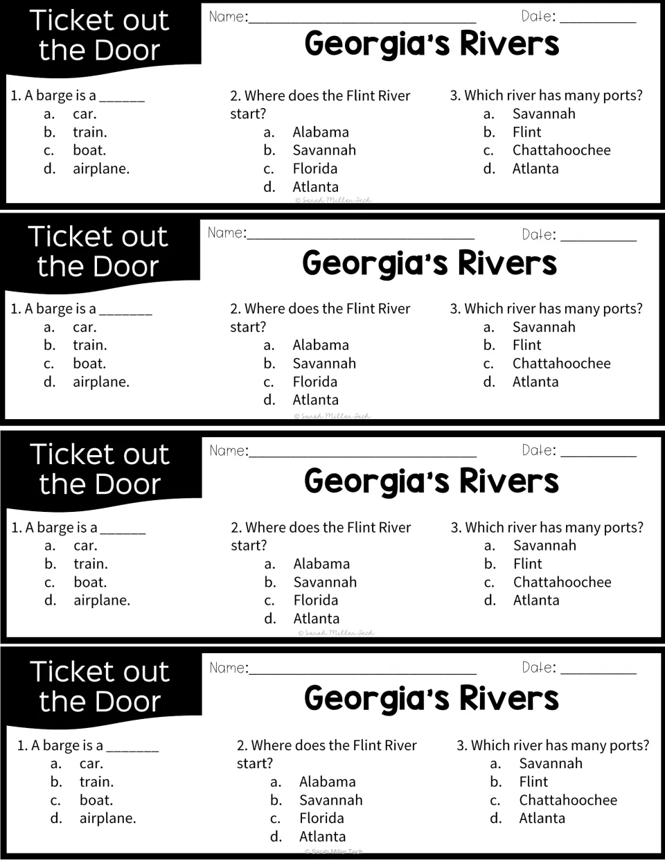 Four exit tickets with three multiple-choice questions on barges, where the Flint River starts and which river has many ports