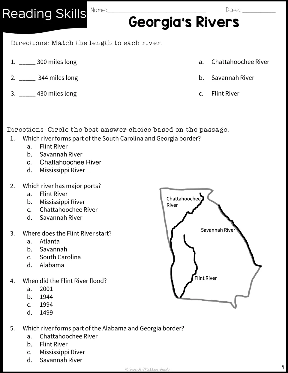 River comprehension: students match 300, 344 and 430 mile lengths to each river and answer five multiple-choice questions