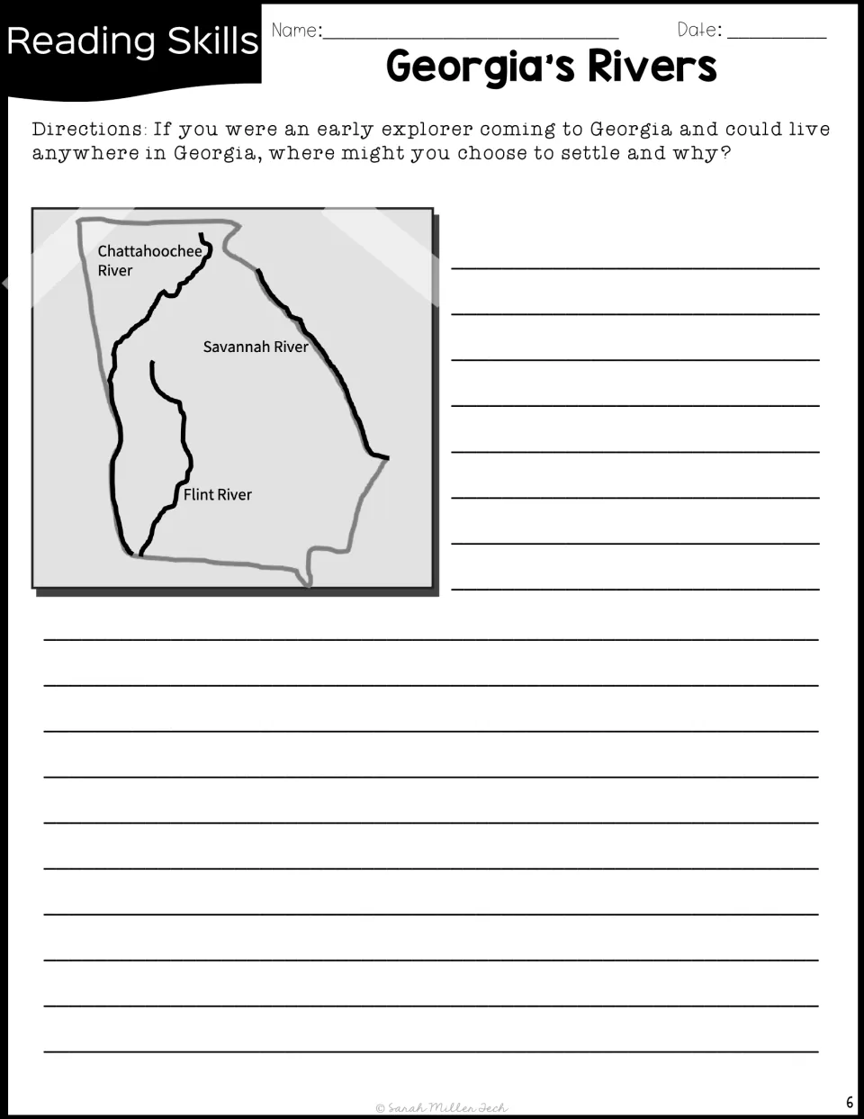 Opinion writing: using a map of Georgia's three major rivers, students explain where an early explorer might settle and why