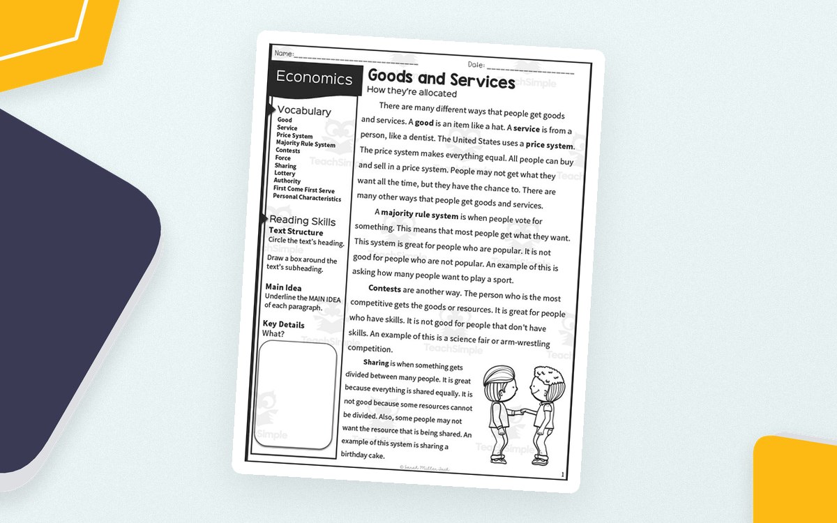 Goods and Services economics reading page with vocabulary, text-structure, main-idea, and key-detail organizers.