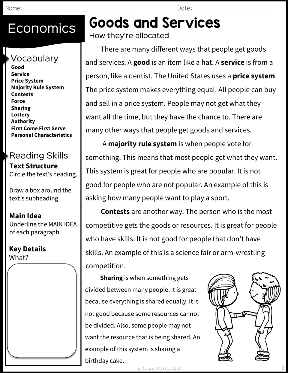 Economics passage on how goods and services are allocated: price system, majority rule, contests, sharing; students annotate