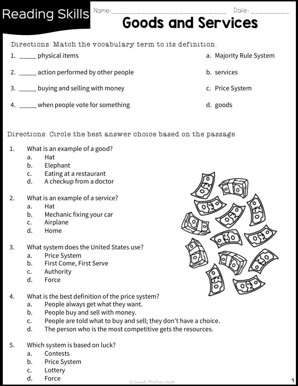 Goods and services vocabulary: match 4 terms to definitions, then answer 5 multiple-choice questions on the passage