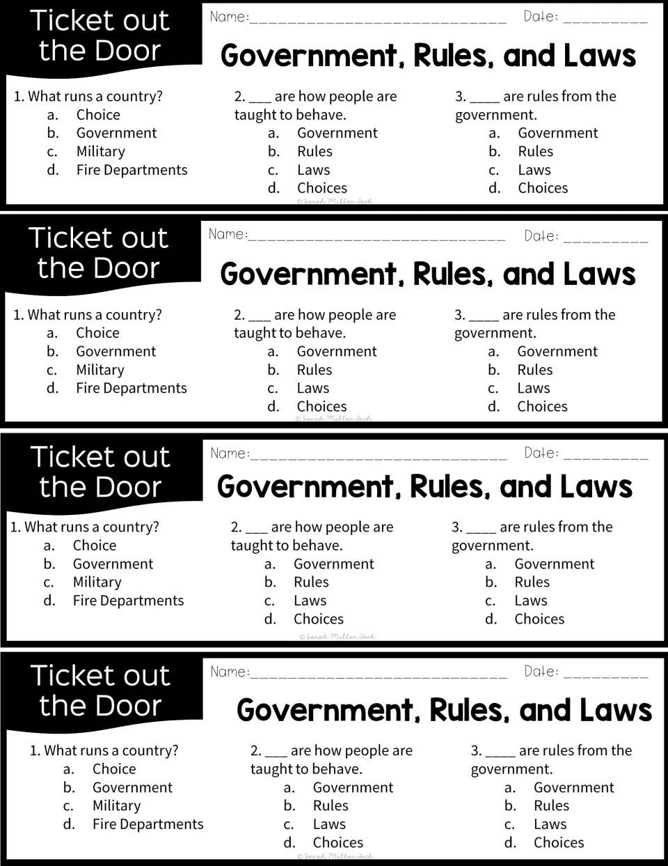 Government exit tickets: students answer 3 multiple-choice questions on what runs a country, rules and laws