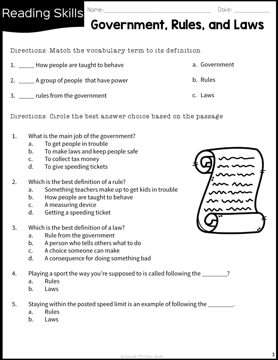 Rules and laws comprehension: students match 3 terms to definitions and answer 5 multiple-choice passage questions