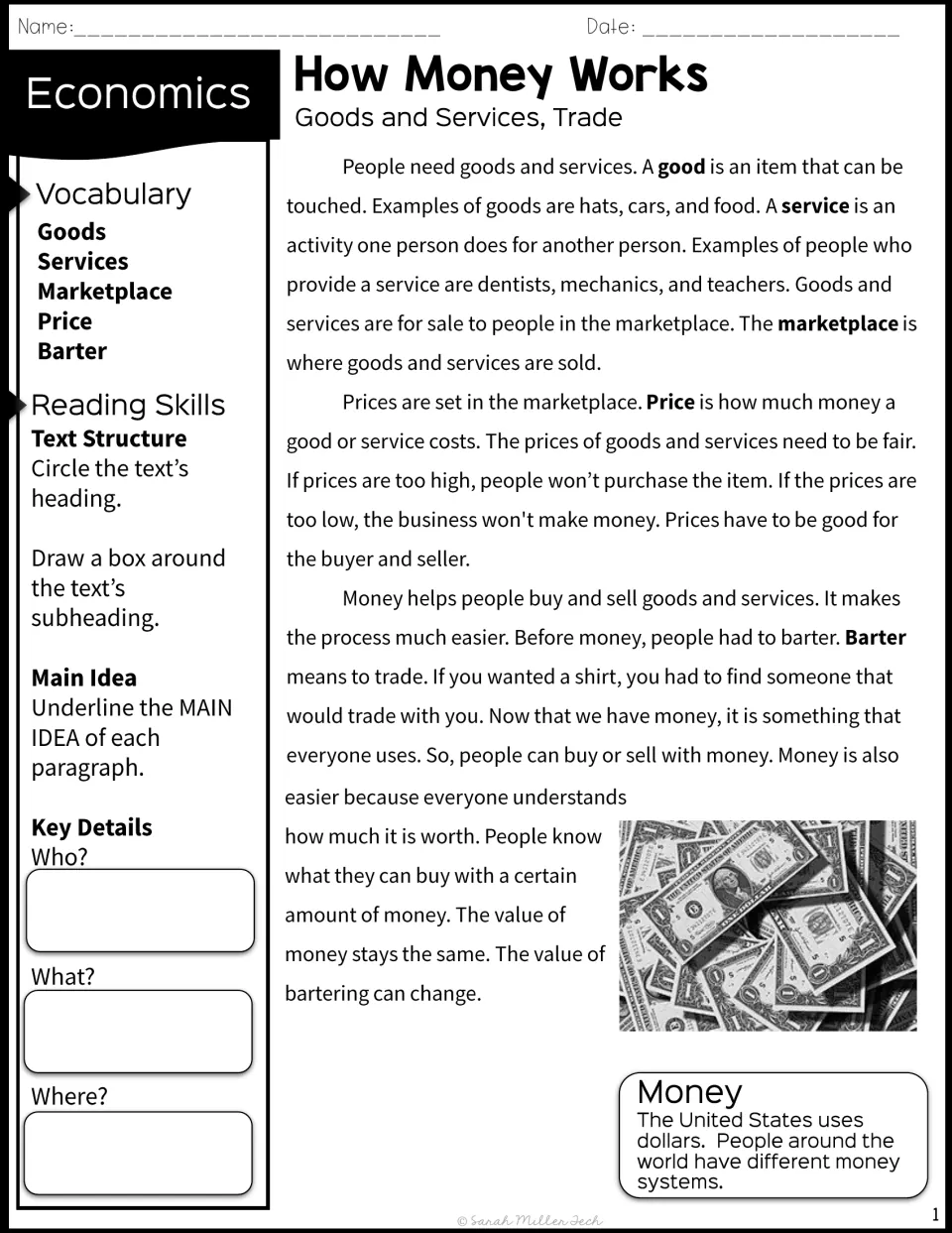 Economics passage on goods, services, prices and barter; students mark heading, main ideas and note who, what and where