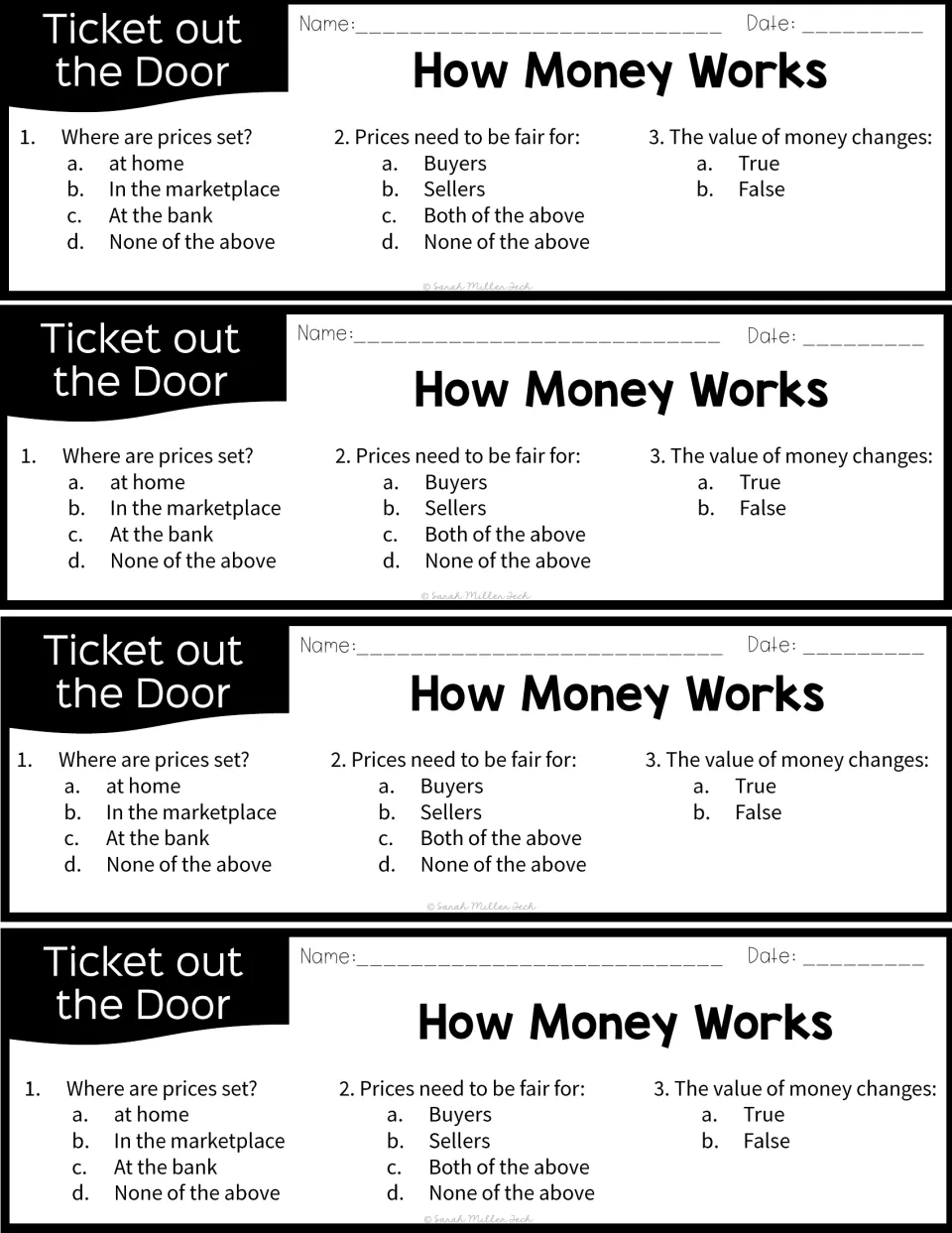 Four exit slips on money: students answer where prices are set, who fair prices serve, and if money's value changes