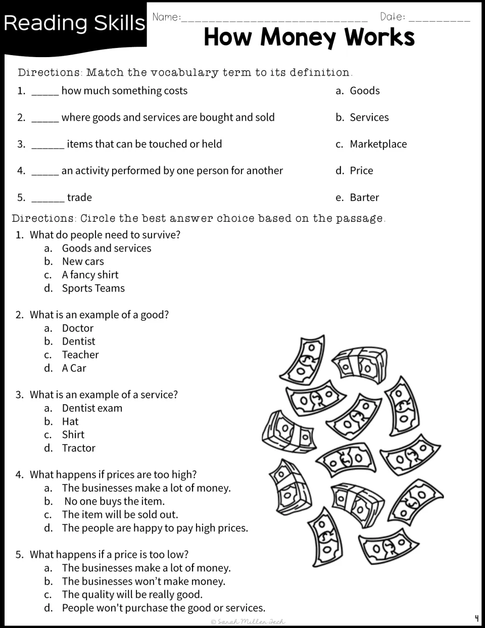 Economics terms matching and comprehension: students match five words to definitions and answer five passage questions