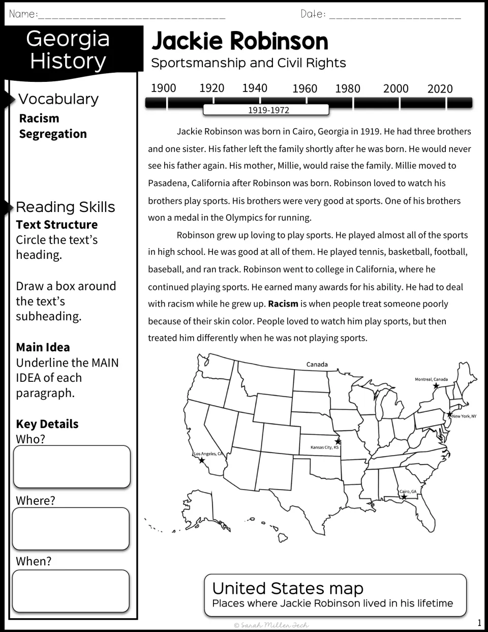 Jackie Robinson early life reading: students circle the heading, underline main ideas and record who, where and when