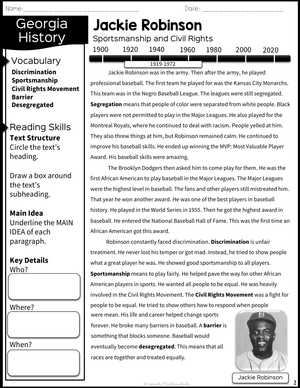 Robinson's baseball career passage on segregation and the Major Leagues: students mark text structure and main ideas
