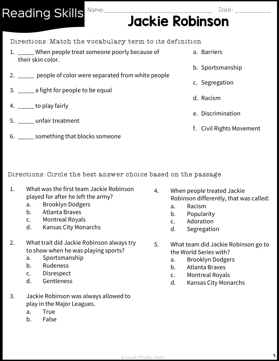 Term matching and comprehension: students match six civil rights terms, then answer five questions about the passage