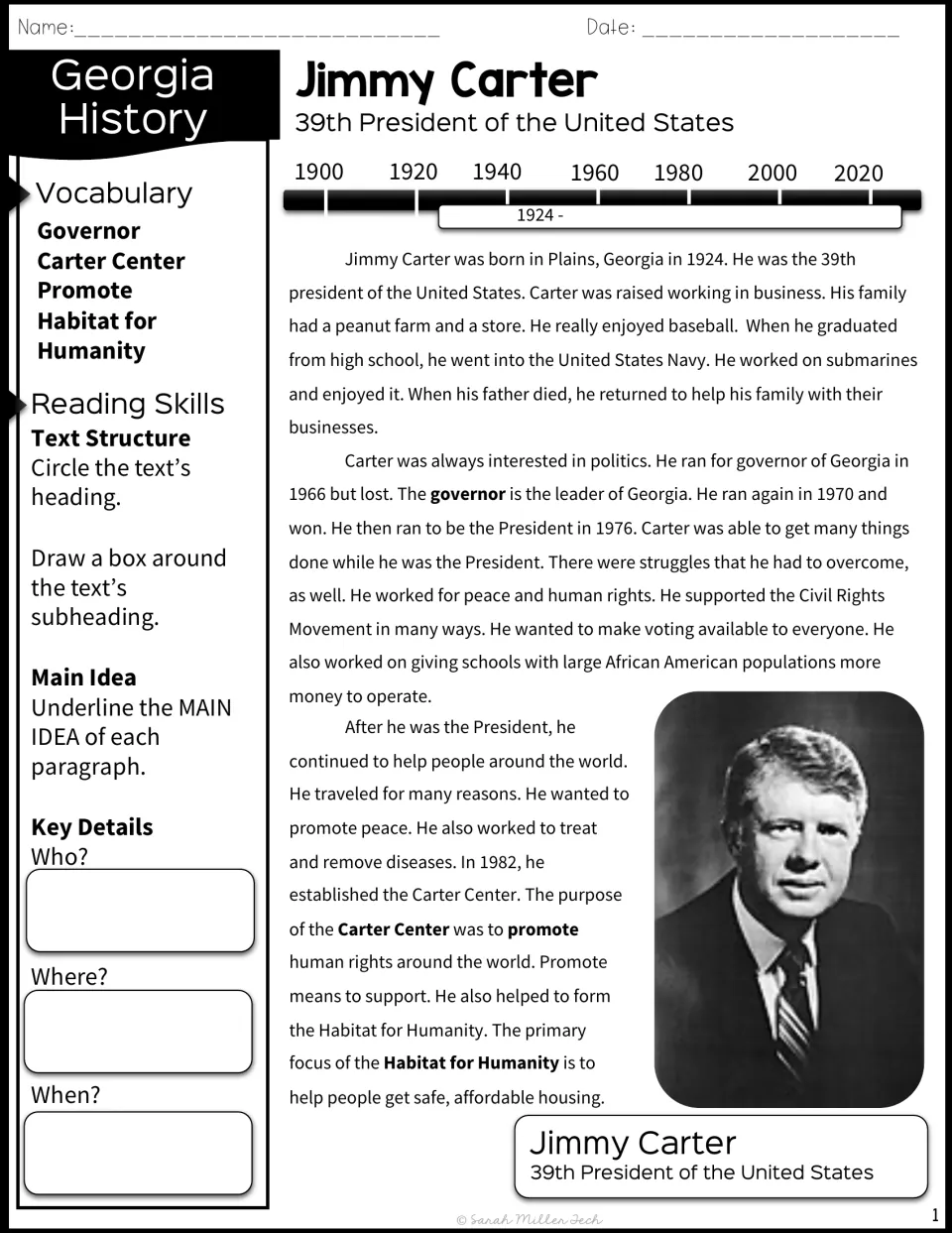 Jimmy Carter biography passage with timeline; students circle the heading, underline main ideas and note who, where, when