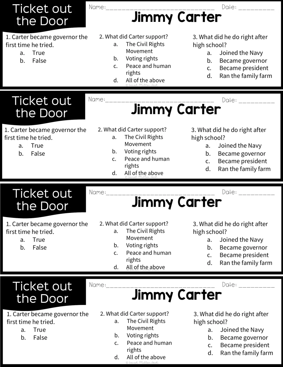 Four Carter exit tickets: a true/false on his first governor race and two multiple-choice questions on his life