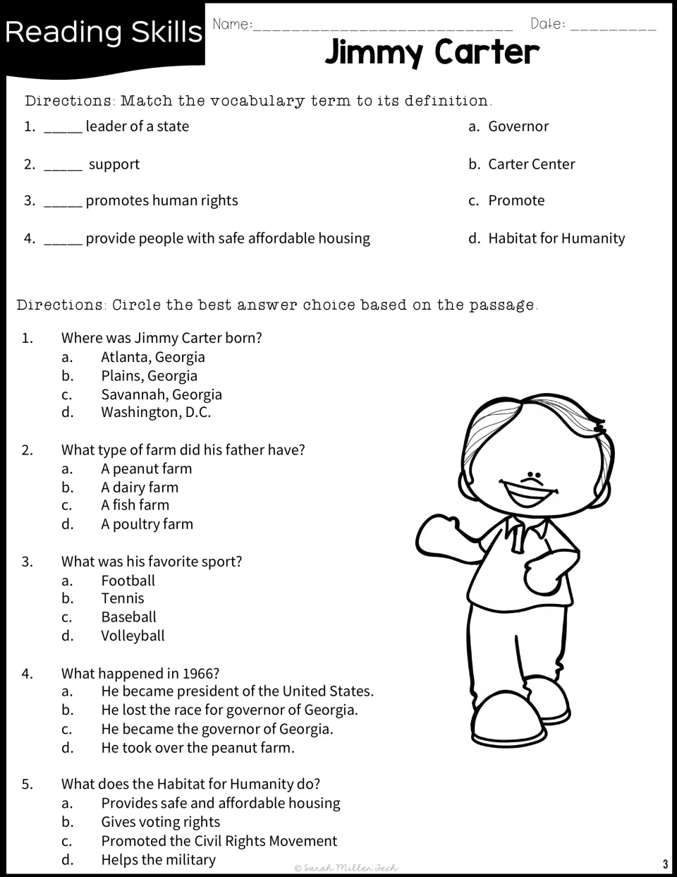 Reading skills: students match four terms to definitions and answer five multiple-choice questions on Carter's life