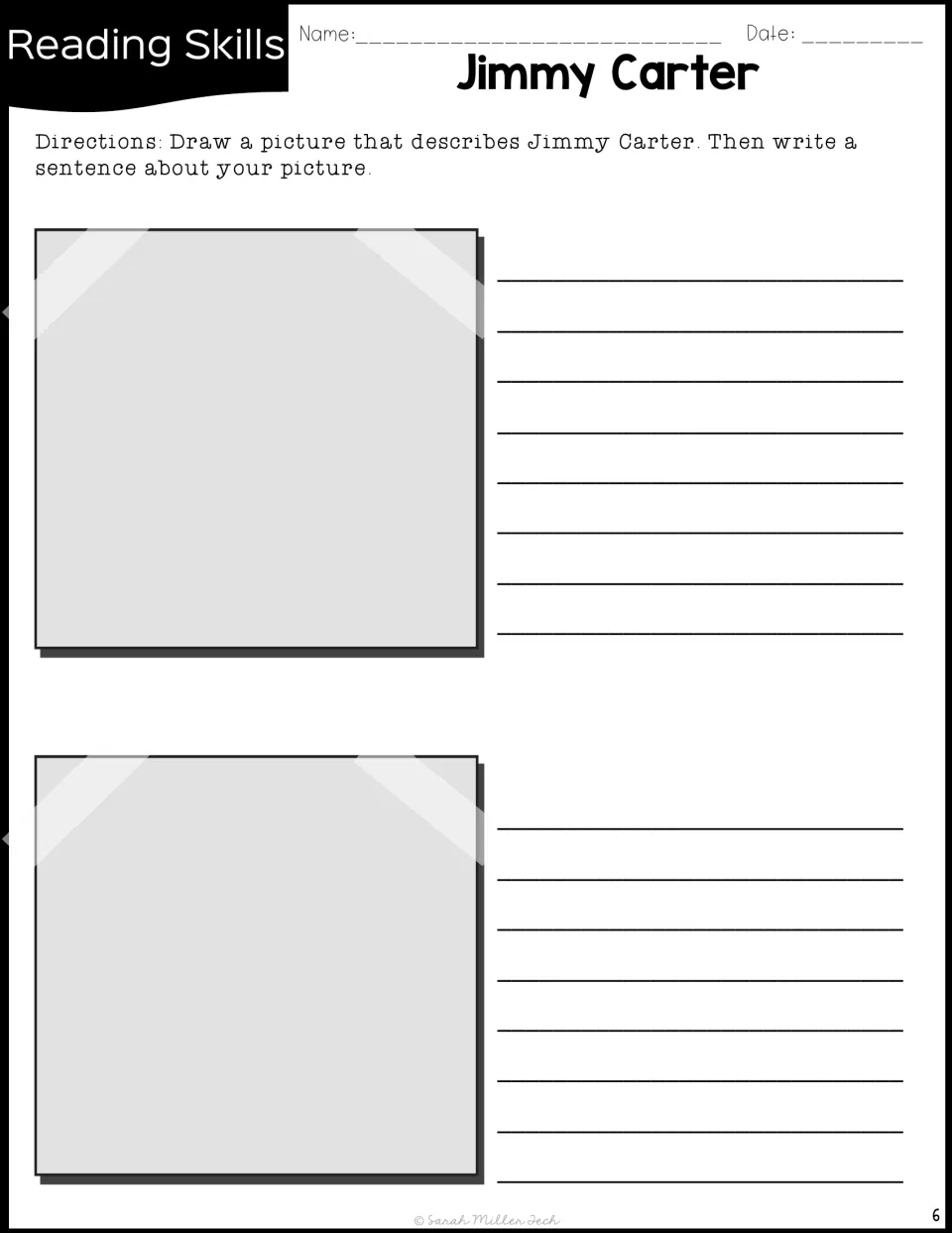 Draw and write response: students draw two pictures about Jimmy Carter and write a sentence about each one