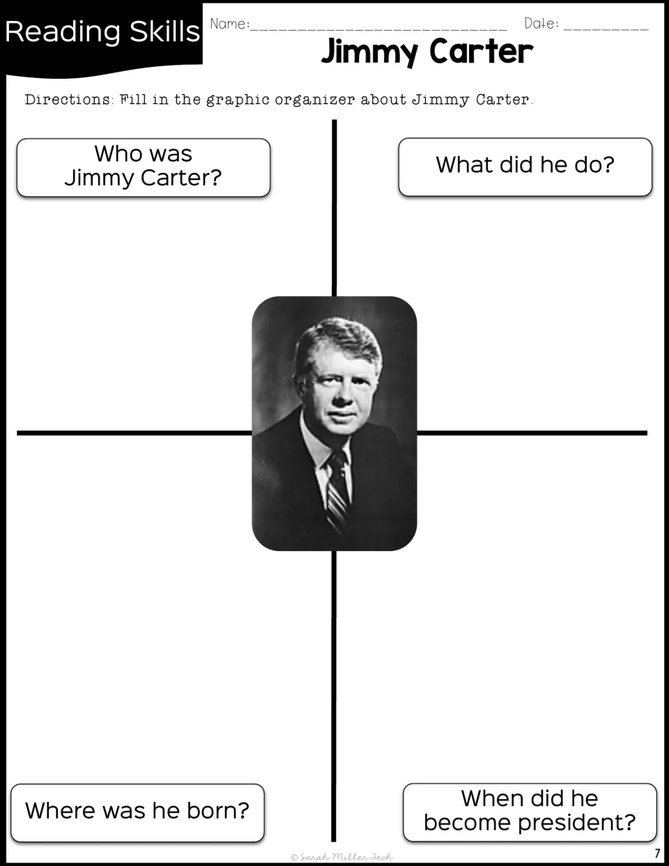 Carter graphic organizer: students write who he was, what he did, where he was born and when he became president