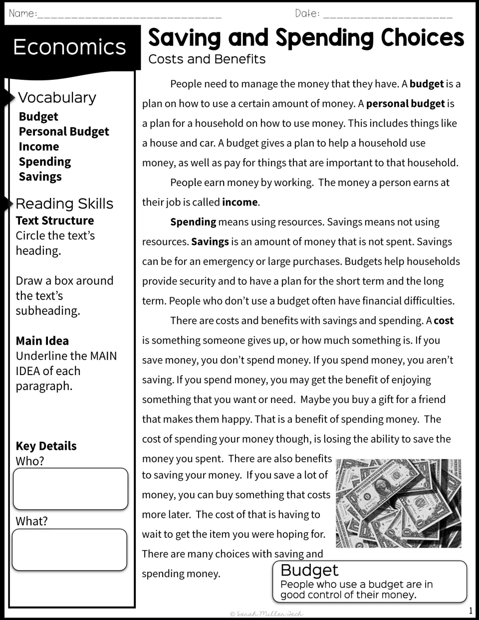Reading passage on budgets, income, savings, and spending, with prompts for main ideas and text features
