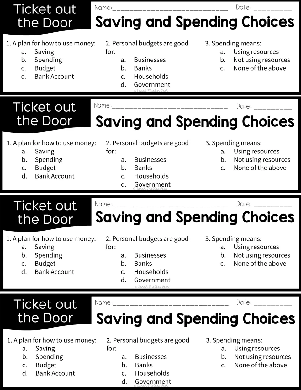 Exit ticket repeated four times, each asking three questions about budgets, households, and spending