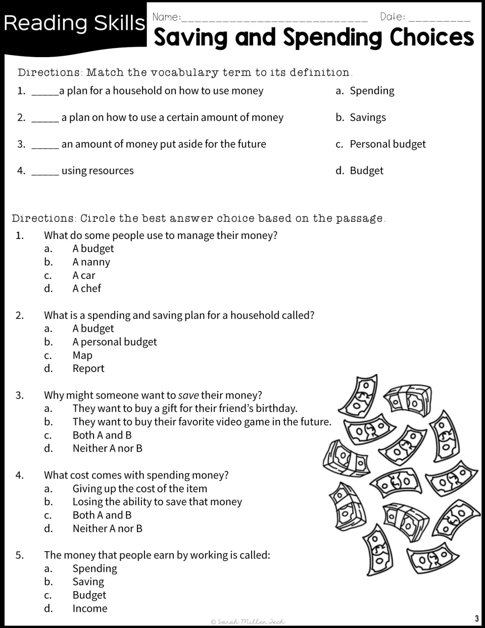 Reading practice matches four money terms to definitions and asks five questions about budgets and saving