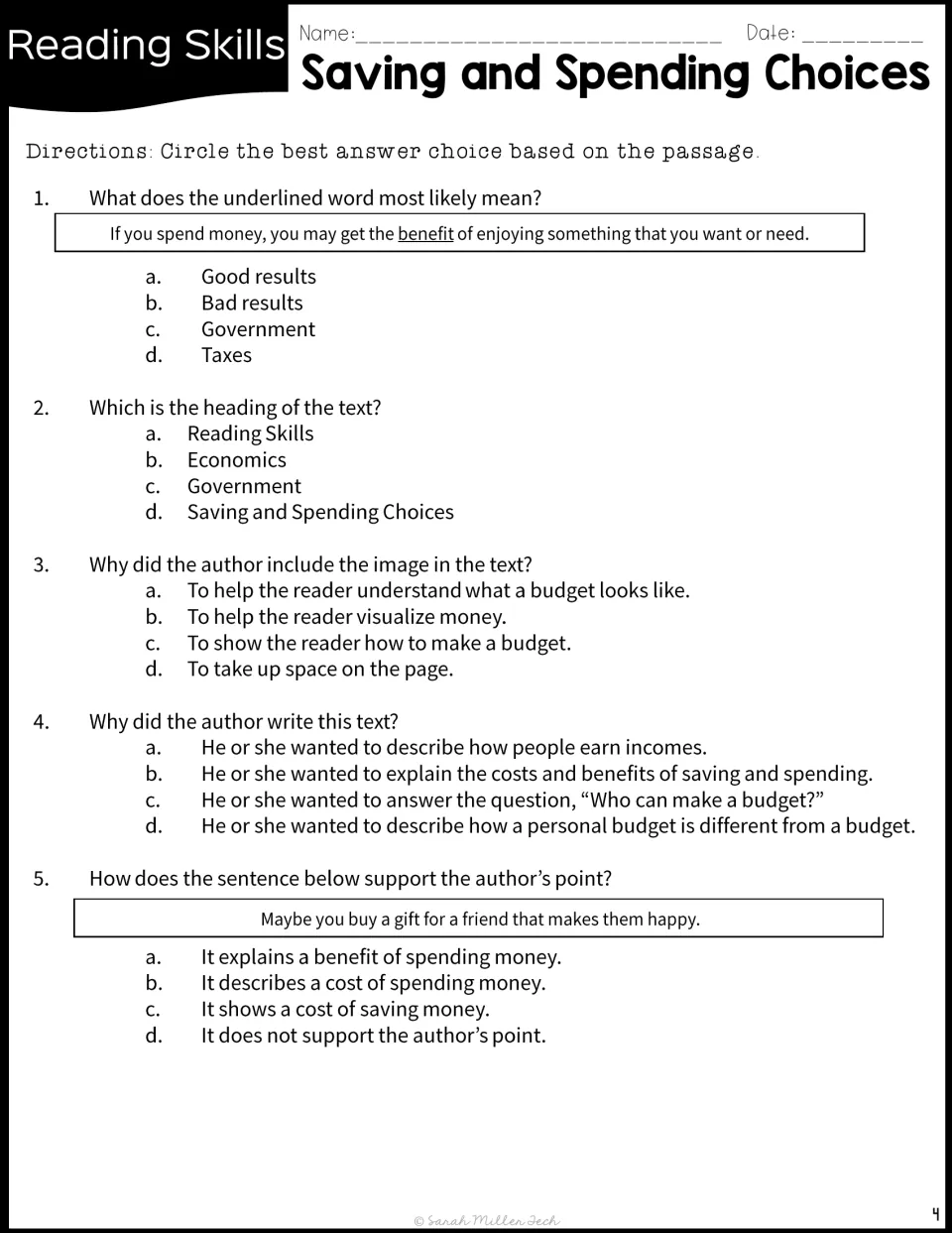 Five reading questions cover the meaning of benefit, the heading, the money image, and the author's purpose and point