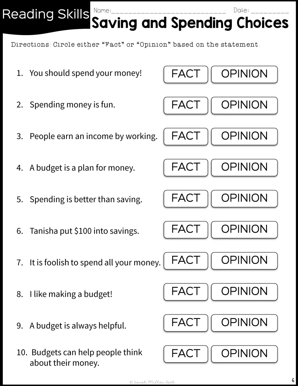 Fact-or-opinion practice uses ten statements about money, including 'A budget is a plan for money.'