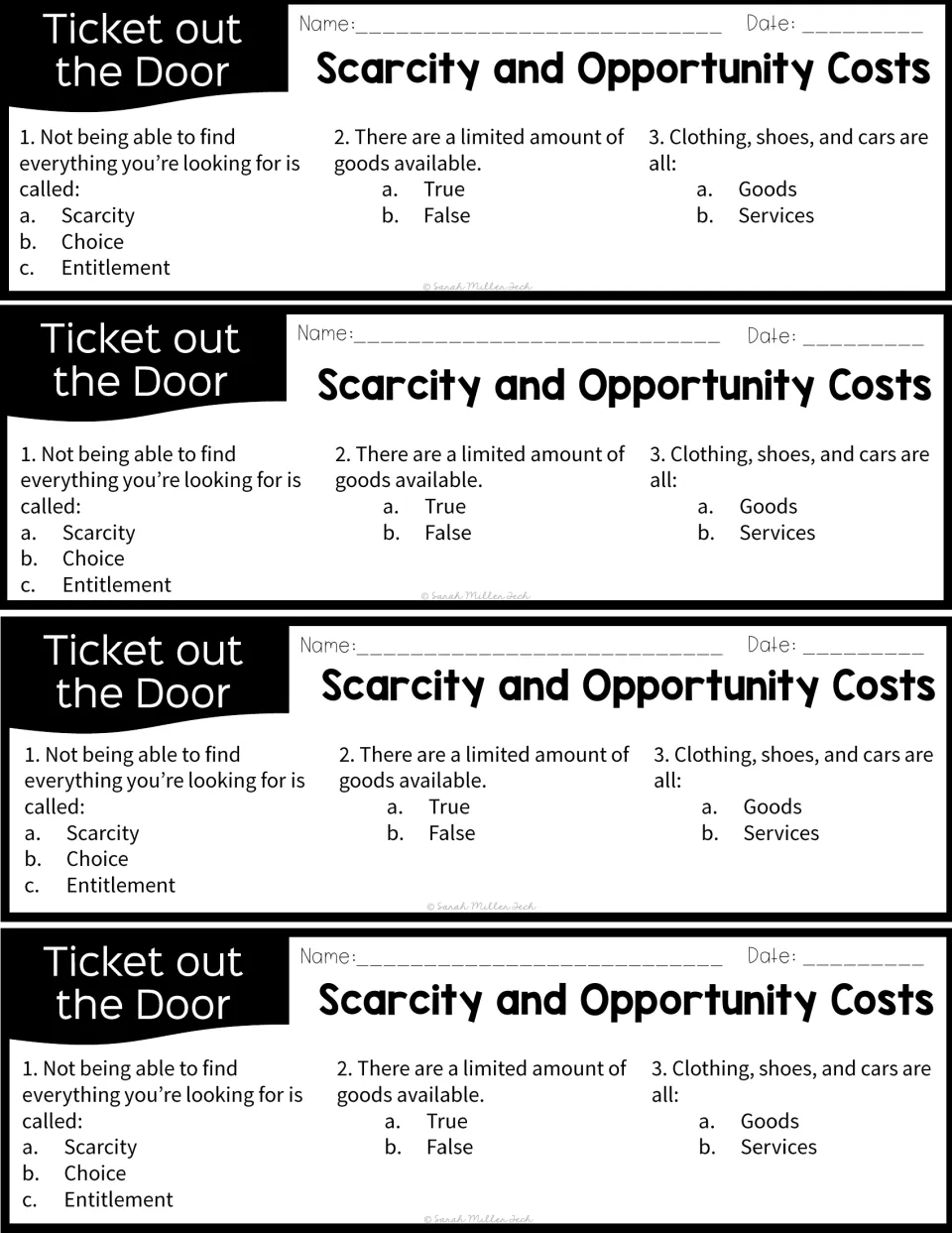Exit tickets: four copies of a 3-question check on scarcity, goods and true-or-false recall of the passage