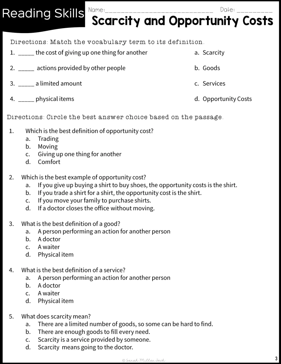 Reading comprehension: students match four economics terms to definitions and answer 5 multiple-choice passage questions