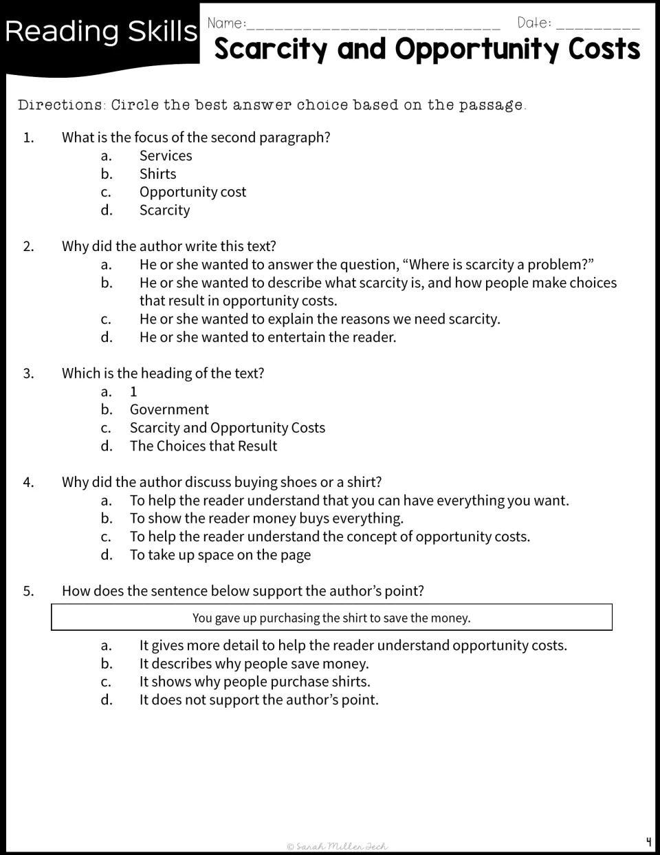 Reading skills questions: students pick the paragraph focus, author's purpose, heading and how a sentence supports a point