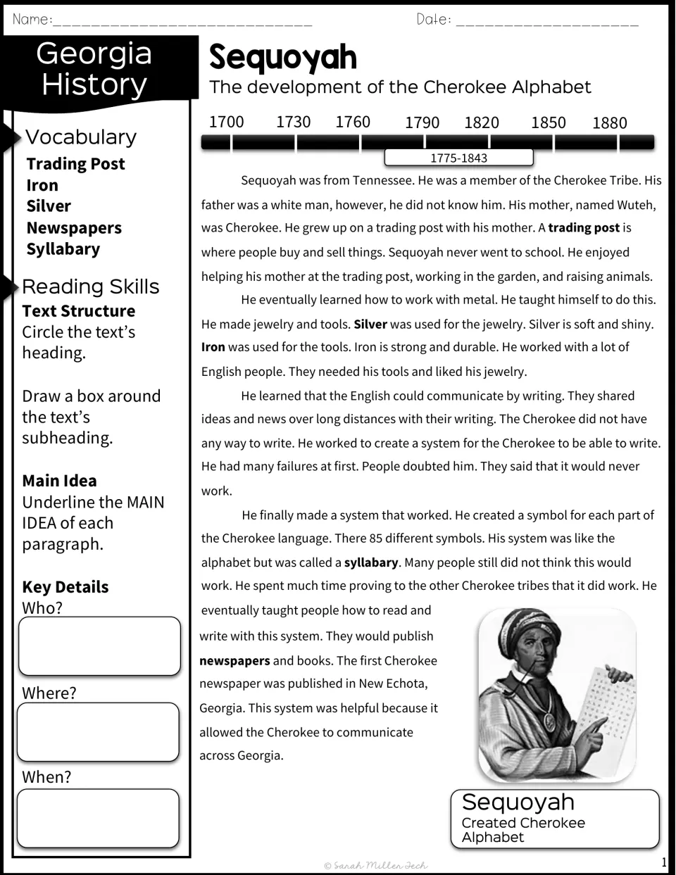 Sequoyah passage on the Cherokee syllabary with a timeline; students mark heading, main ideas and note who, where, when