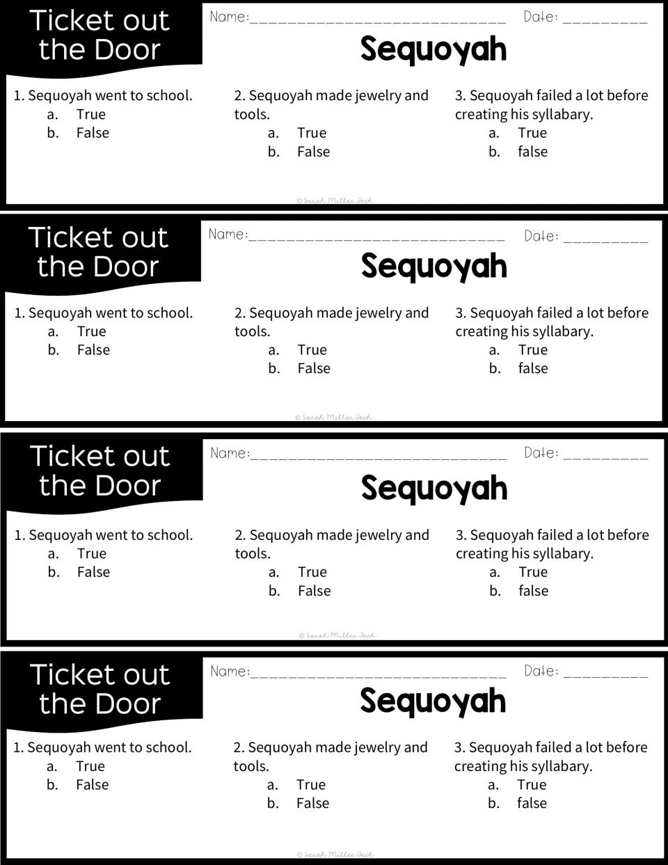 Sequoyah exit tickets: four copies of three true-or-false questions on school, jewelry and tools, and his syllabary