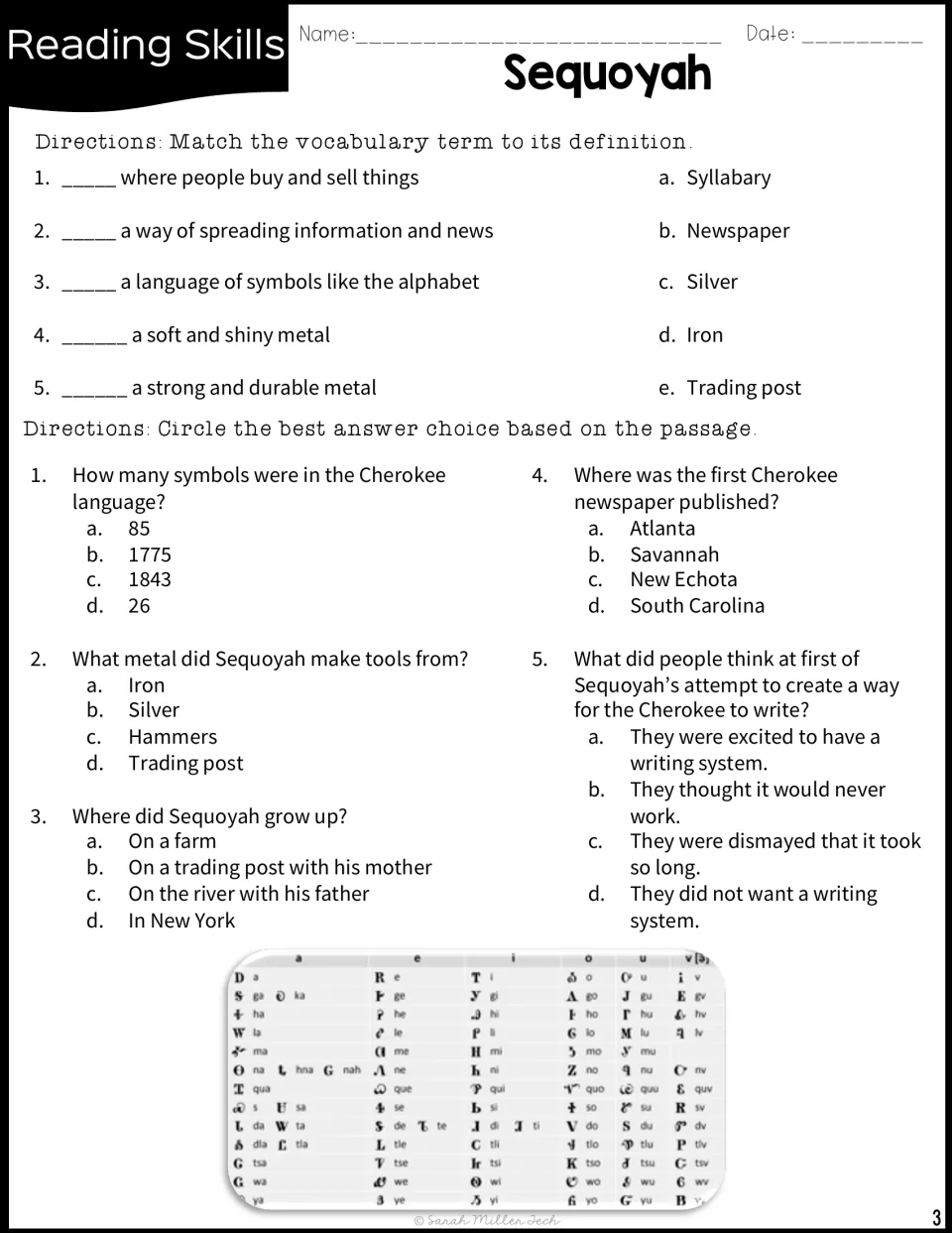 Sequoyah comprehension: students match five terms to definitions and answer five multiple-choice questions on the passage