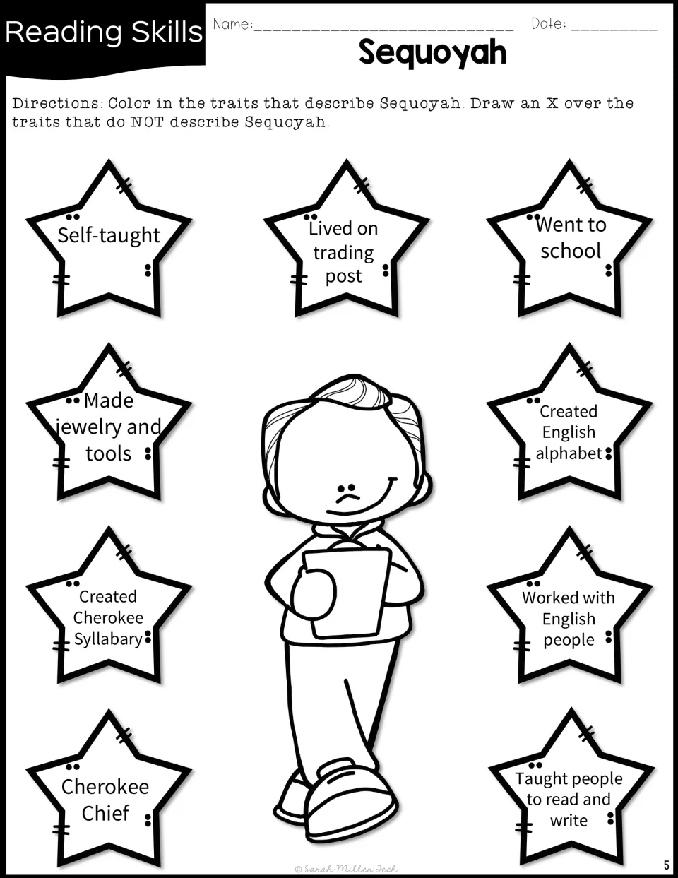 Sequoyah character traits: students color stars that describe him, like self-taught, and X out ones that do not