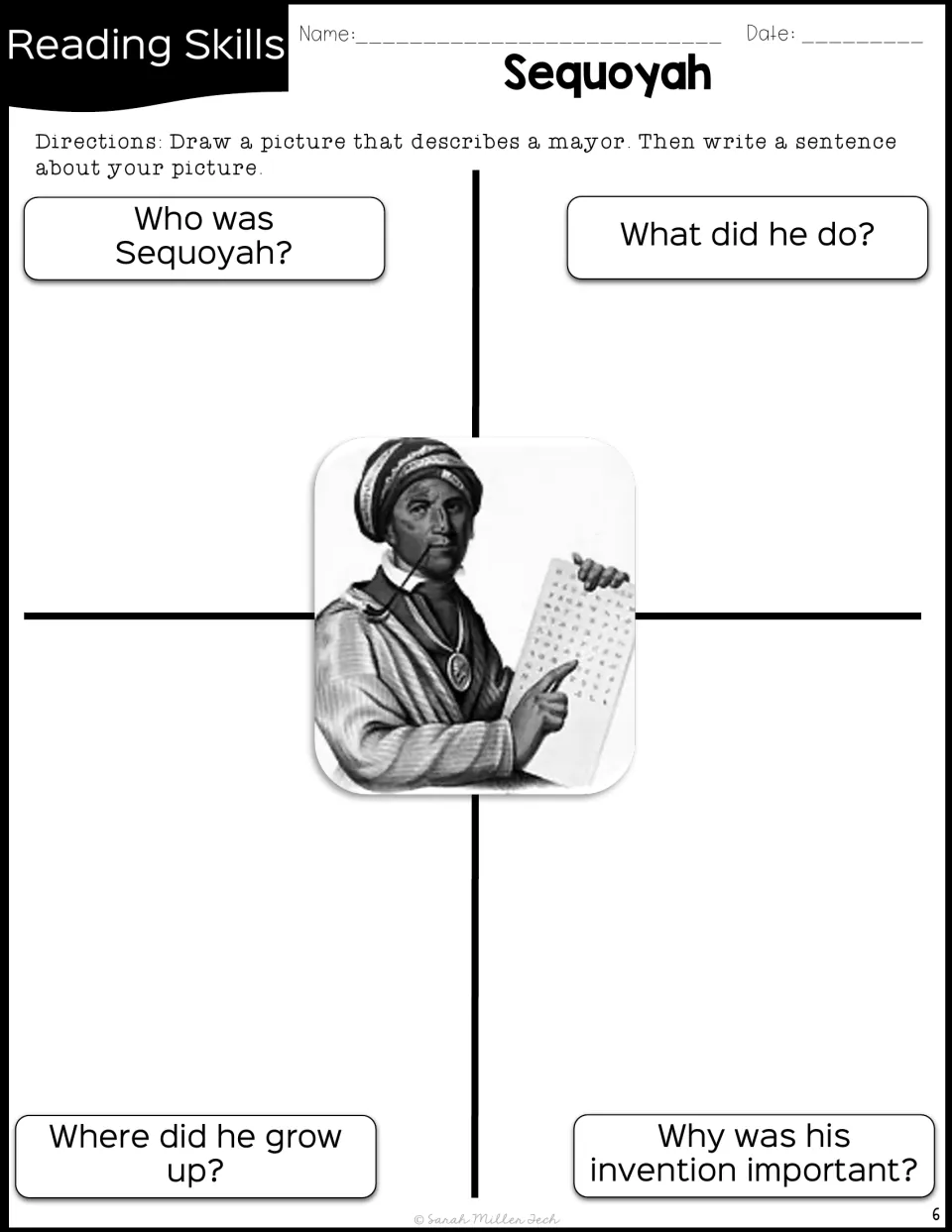 Sequoyah four-square organizer: students answer who he was, what he did, where he grew up and why his invention mattered