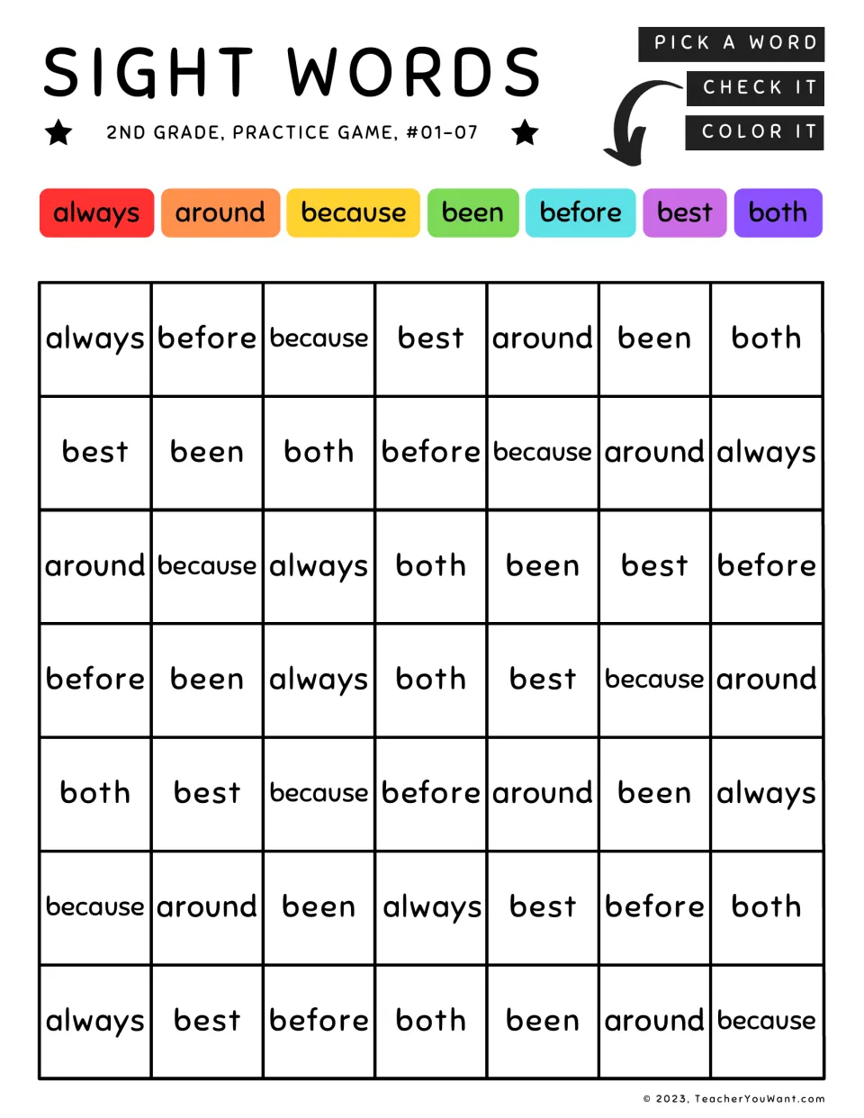 Sight word coloring game for words 1–7: always, around, because, been, before, best, and both.