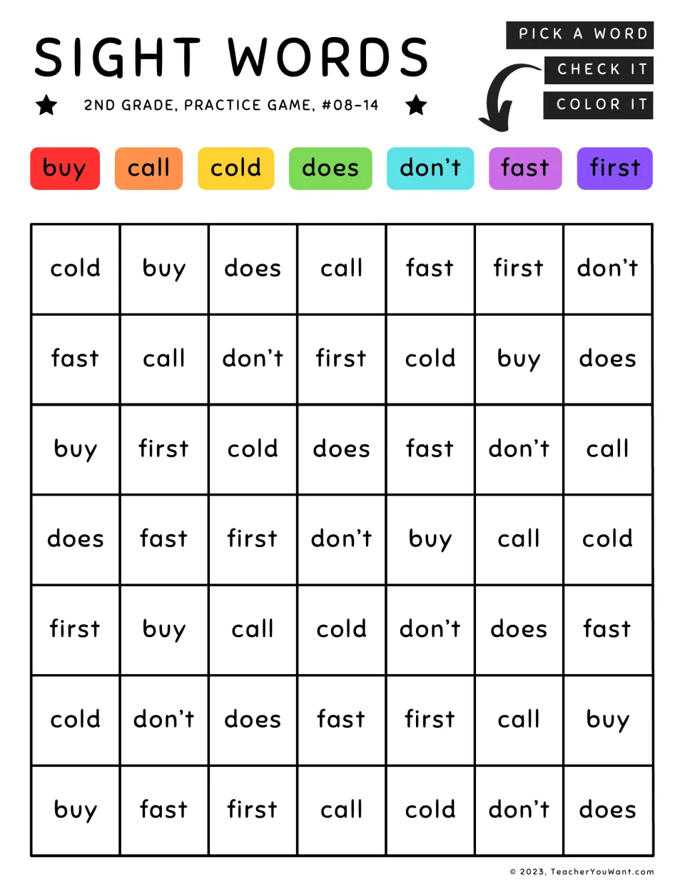 Sight word coloring game for words 8–14: buy, call, cold, does, don't, fast, and first.