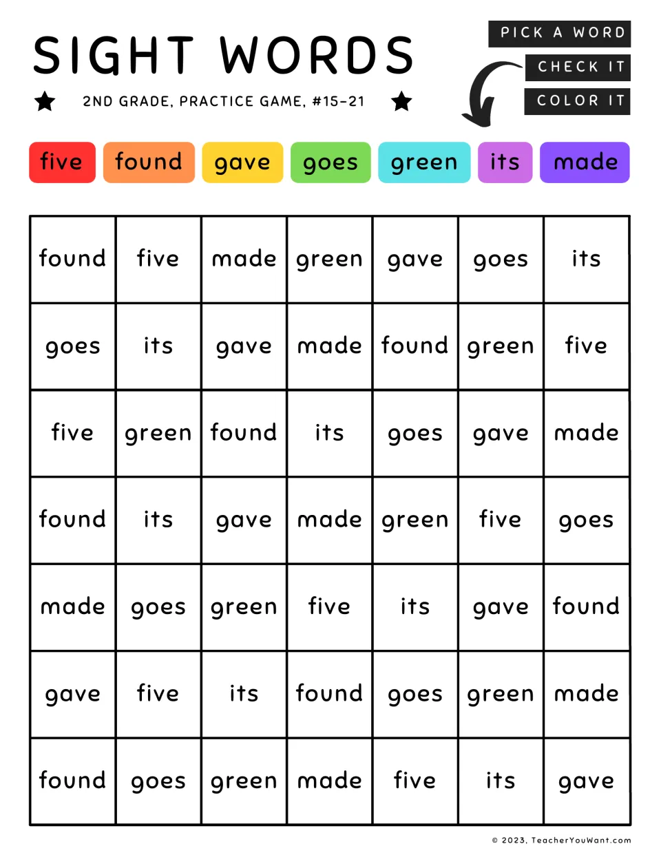 Sight word coloring game for words 15–21: five, found, gave, goes, green, its, and made.