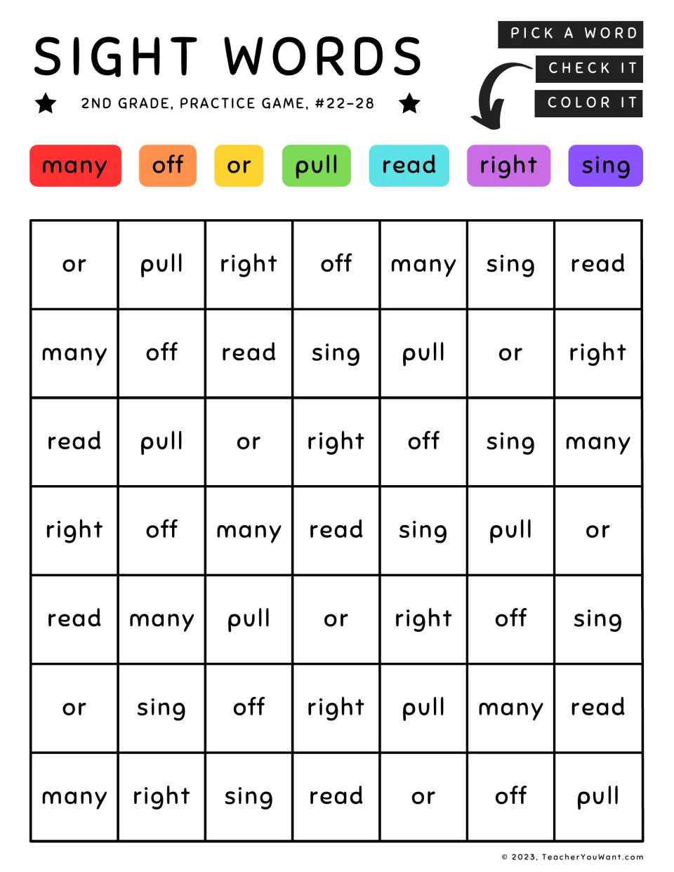 Sight word coloring game for words 22–28: many, off, or, pull, read, right, and sing.