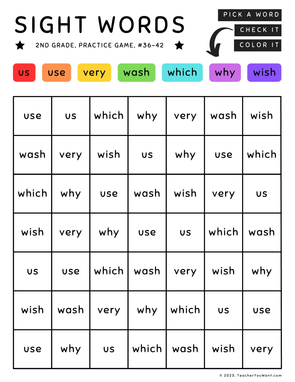 Sight word coloring game for words 36–42: us, use, very, wash, which, why, and wish.