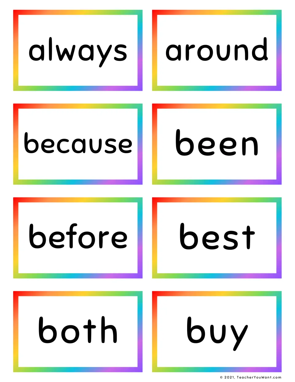 Grade 2 sight word flashcards 1–8: always, around, because, been, before, best, both, and buy.