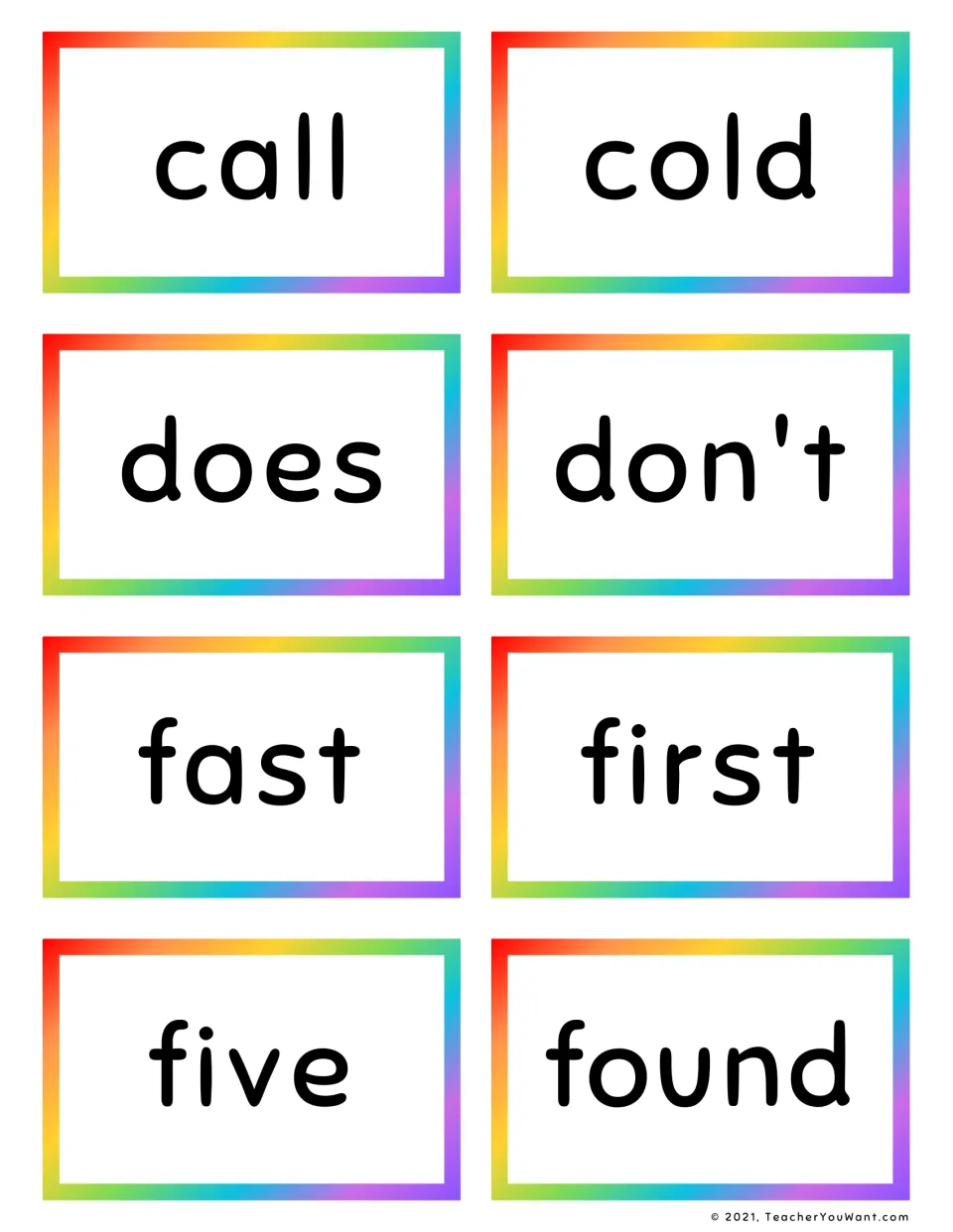 Grade 2 sight word flashcards 9–16: call, cold, does, don't, fast, first, five, and found.