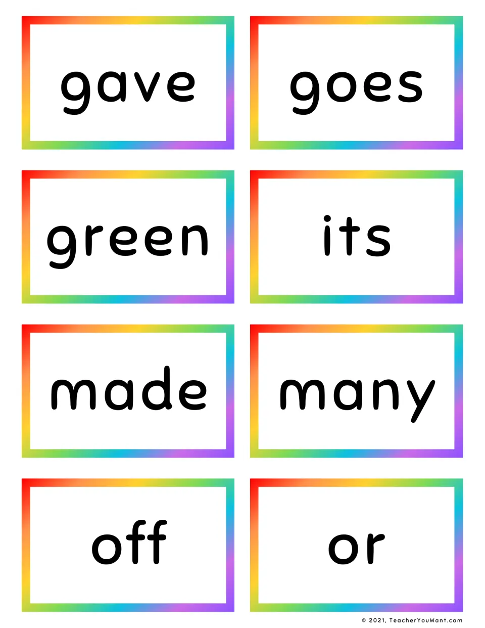 Grade 2 sight word flashcards 17–24: gave, goes, green, its, made, many, off, and or.