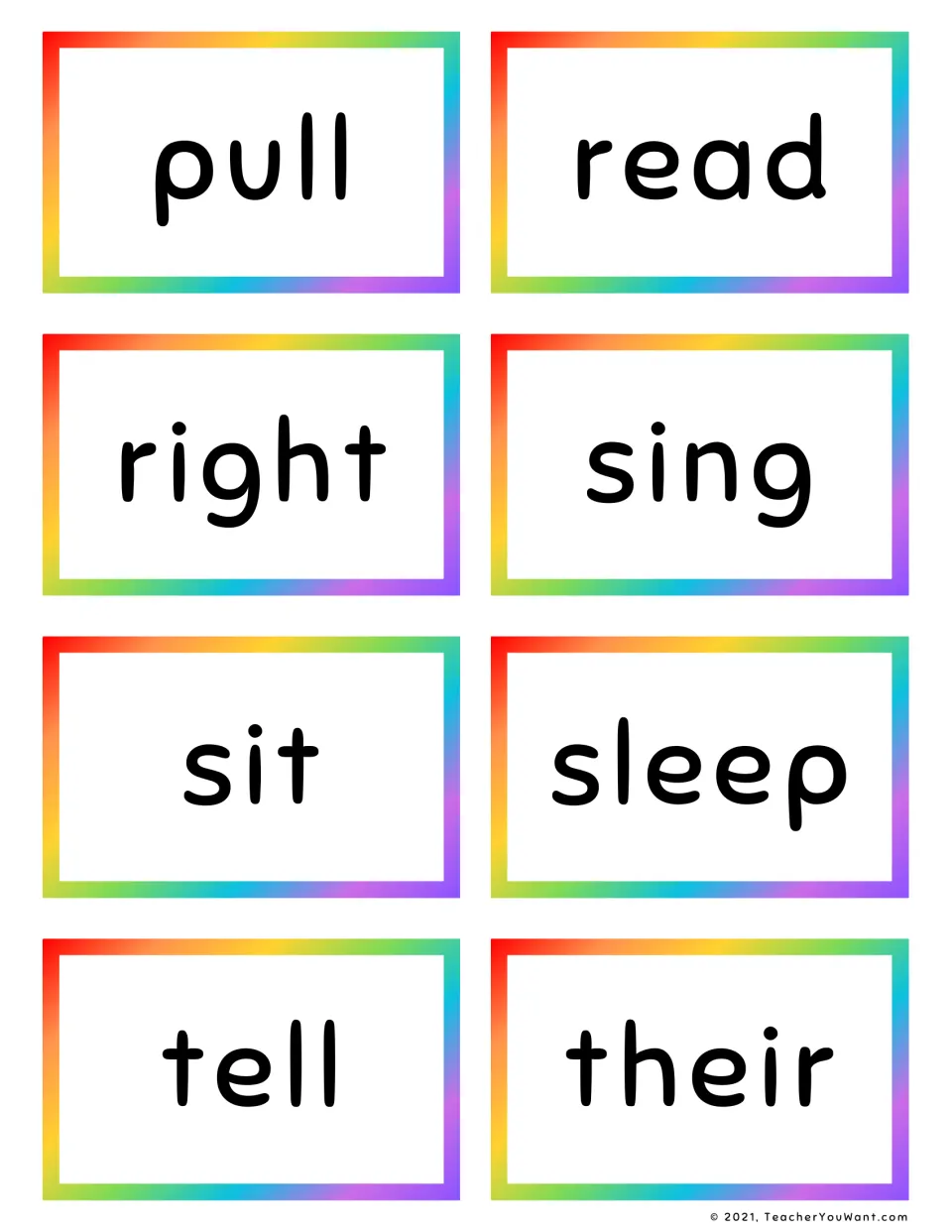 Grade 2 sight word flashcards 25–32: pull, read, right, sing, sit, sleep, tell, and their.