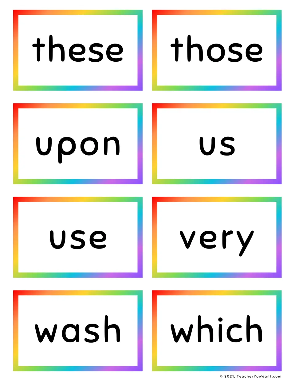 Grade 2 sight word flashcards 33–40: these, those, upon, us, use, very, wash, and which.