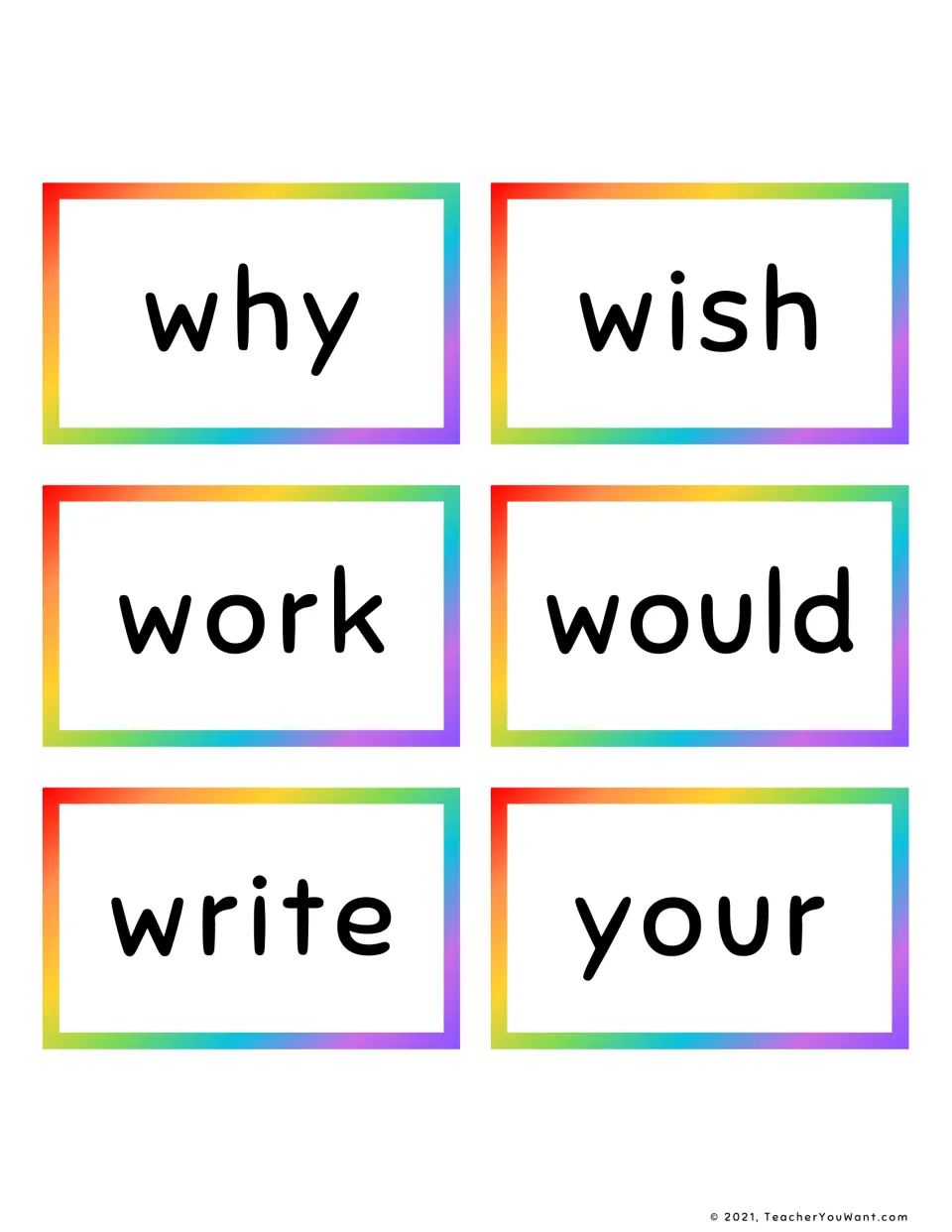 Final six Grade 2 sight word flashcards, cards 41–46: why, wish, work, would, write, and your.