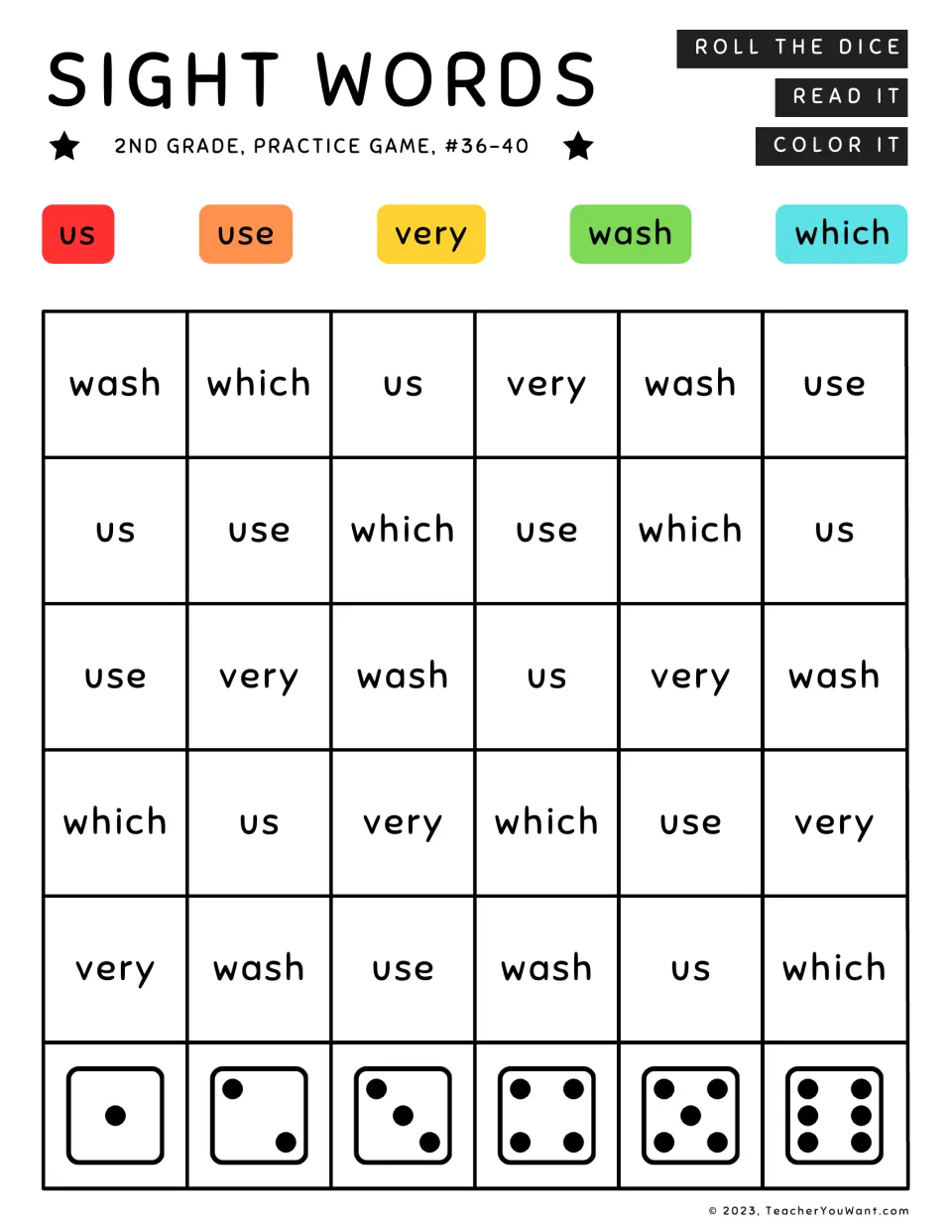 Sight words #36-40 roll and color: students read us, use, very, wash and which under the rolled die face and color them