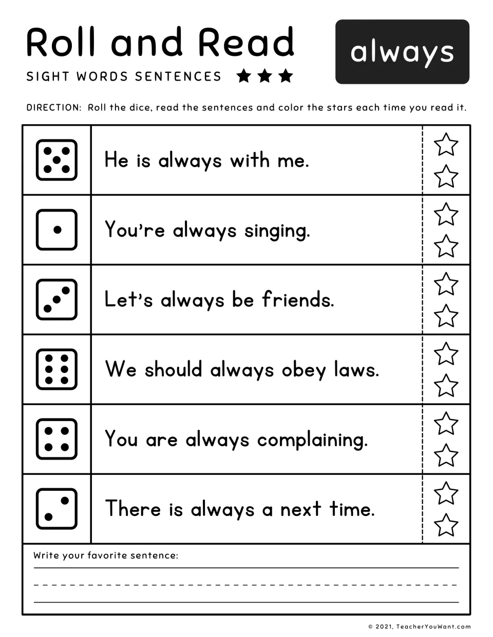 Sight word always: students roll a die, read the matching sentence like He is always with me, and color a star each time