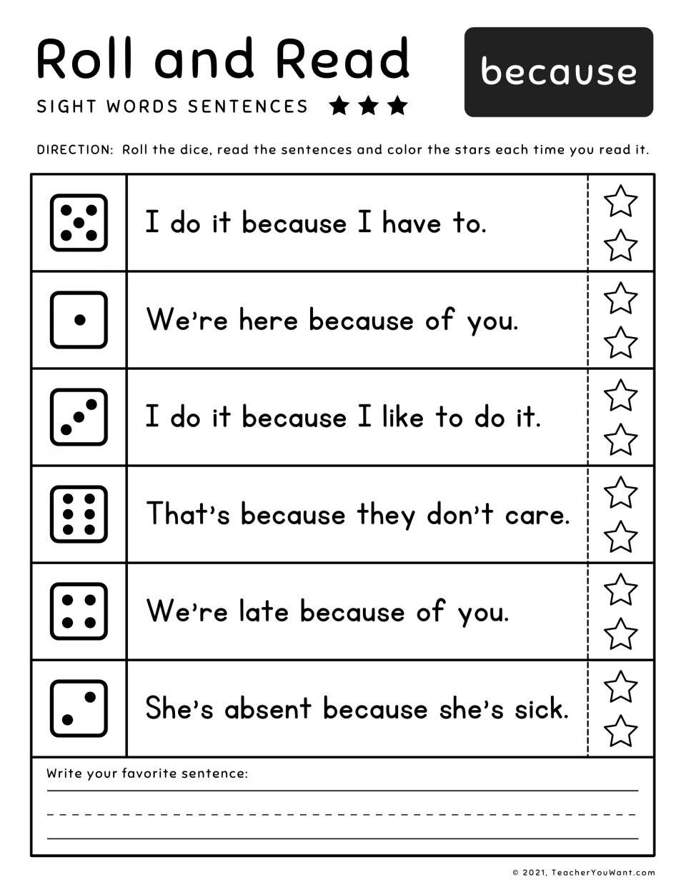 Sight word because: students roll, read sentences like She's absent because she's sick, and color stars to track rereads