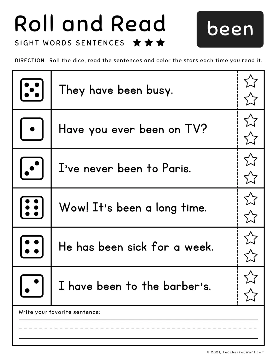 Sight word been: roll-and-read sentences such as I've never been to Paris, with stars to color and a favorite to write